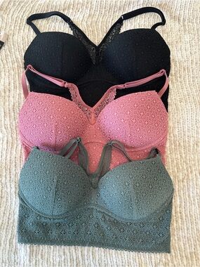 Victoria Secret Lace Detail Padded Bralette - Black, Pink, Sage- three set